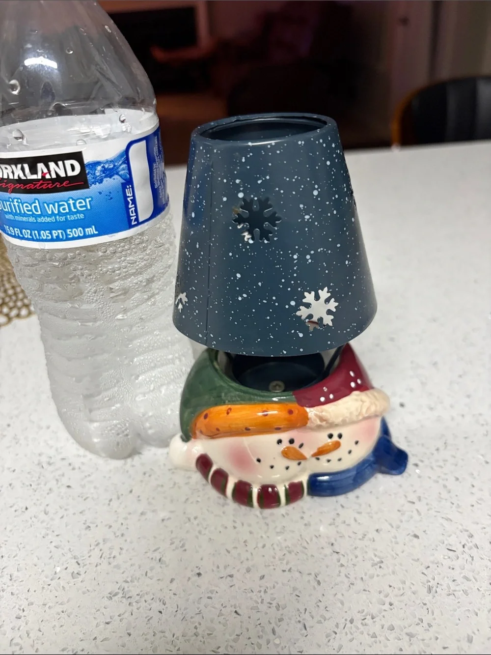 Holiday Snowman Ceramic Tea Light Holder with Navy Metal Shade